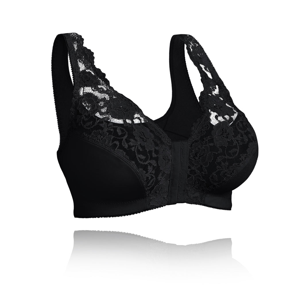 SeniorBra® Front Hooks, Stretch-Lace, Super-Lift And Posture Correction-All In One Bra-(Black/Black.white)