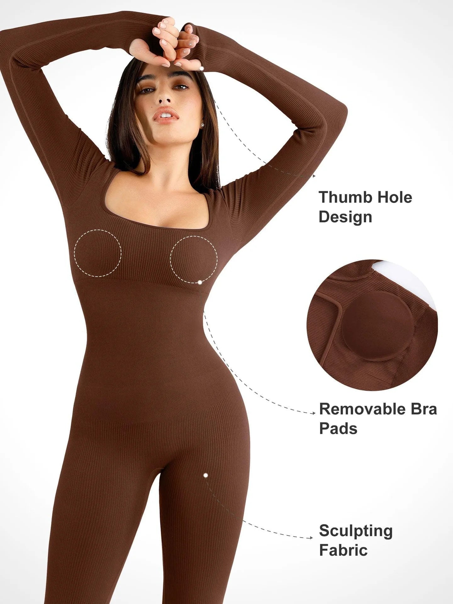 SeniorBra® Seamless Thumb Hole Square Neck Long Sleeve Jumpsuit